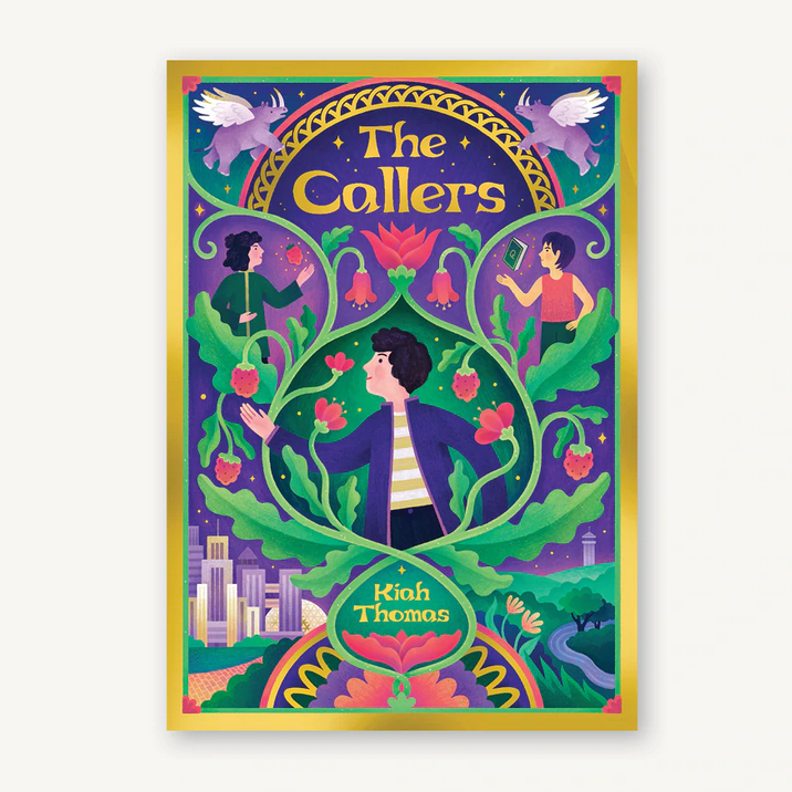 The Callers book cover with magical plants, flying creatures, and characters in a vibrant fantasy scene.