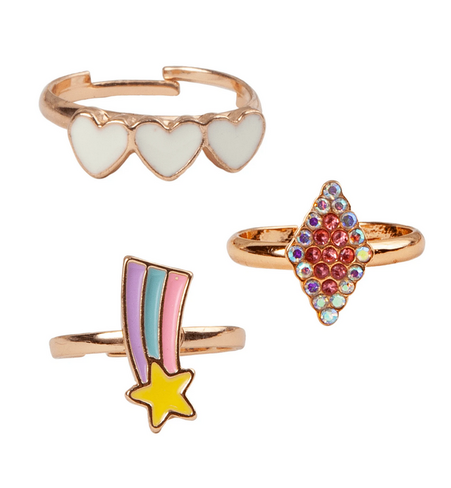 Boutique Heart Star Rings set with adjustable rose-gold shooting star, diamond, and triple heart-shaped rings.
