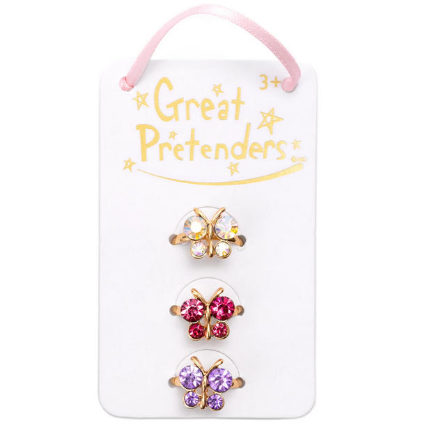 Boutique Butterfly Gem Rings 3-piece set with jewel-toned butterfly designs on gold-colored bands for kids ages 3 and up
