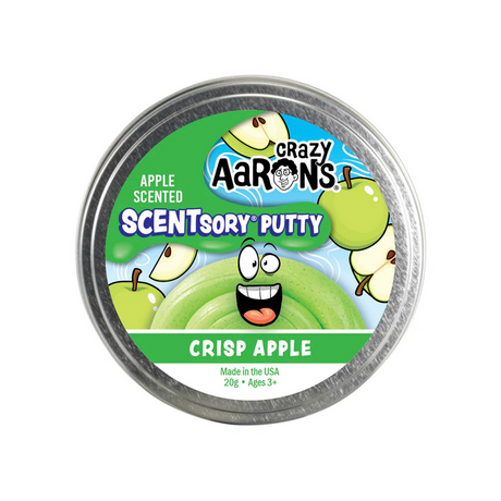 Crazy Aaron’s SCENTsory Crisp Apple Thinking Putty in a tin with apple scent and green putty inside.