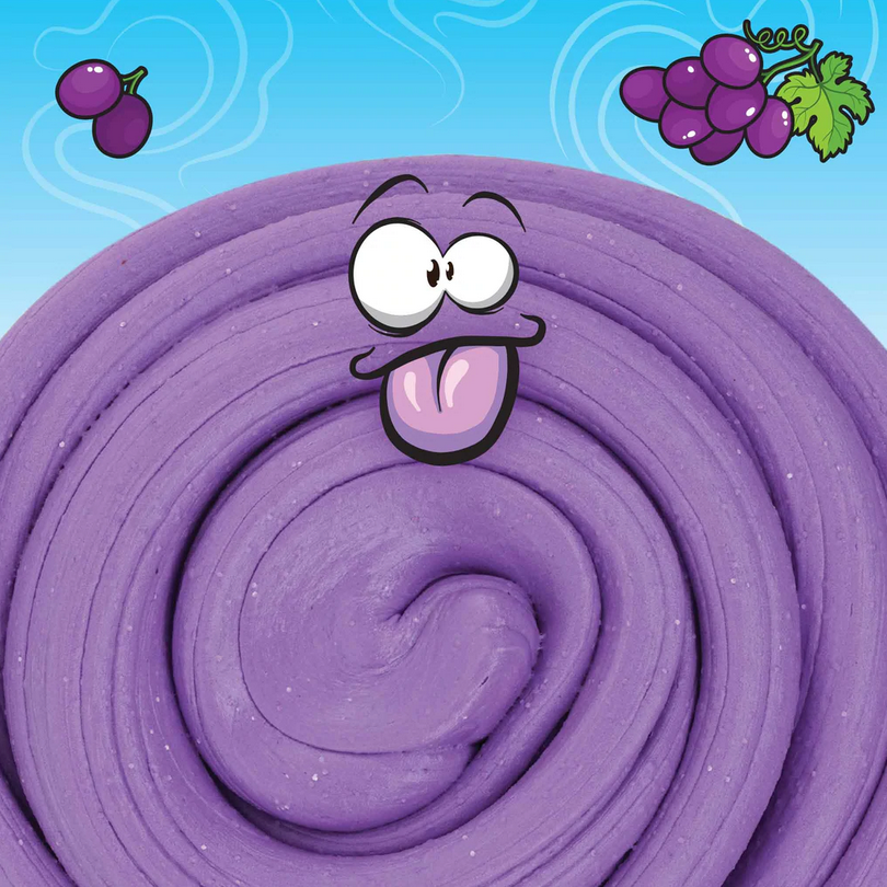 SCENTsory Great Grape Thinking Putty shown in vibrant purple swirl with playful cartoon face and grape illustrations.