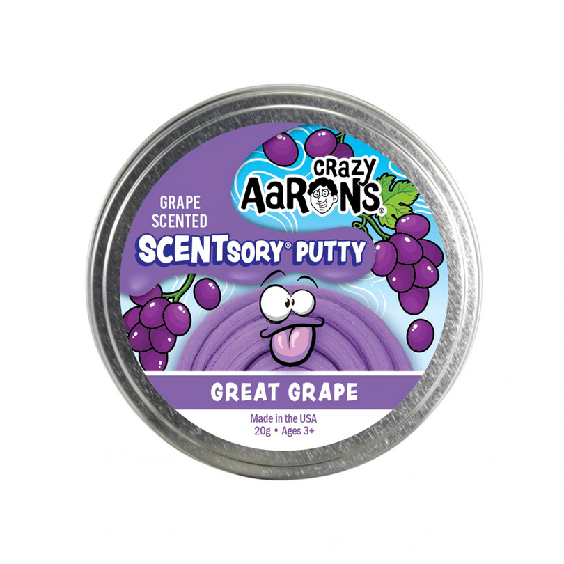 Crazy Aaron's SCENTsory Great Grape Thinking Putty in a tin with grape scent and sensory stretchy fun for ages 3+.