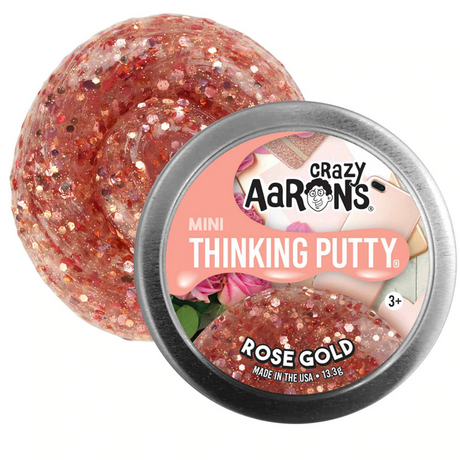 Mini Trendsetters Rose Gold Thinking Putty in a small tin with sparkly rose gold putty for ages 3 and up.