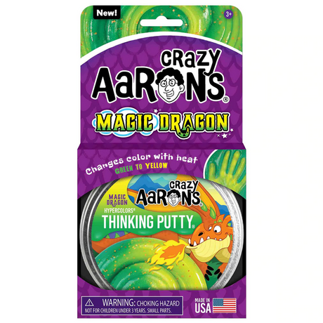 Hypercolors Magic Dragon Thinking Putty in tin, changes from forest green to golden yellow with heat.