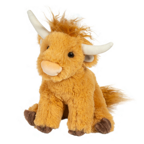 Highland Cow Softie Scottie plush toy with soft rusty fur, ivory horns, and brown hooves, perfect for ages 2 and up.