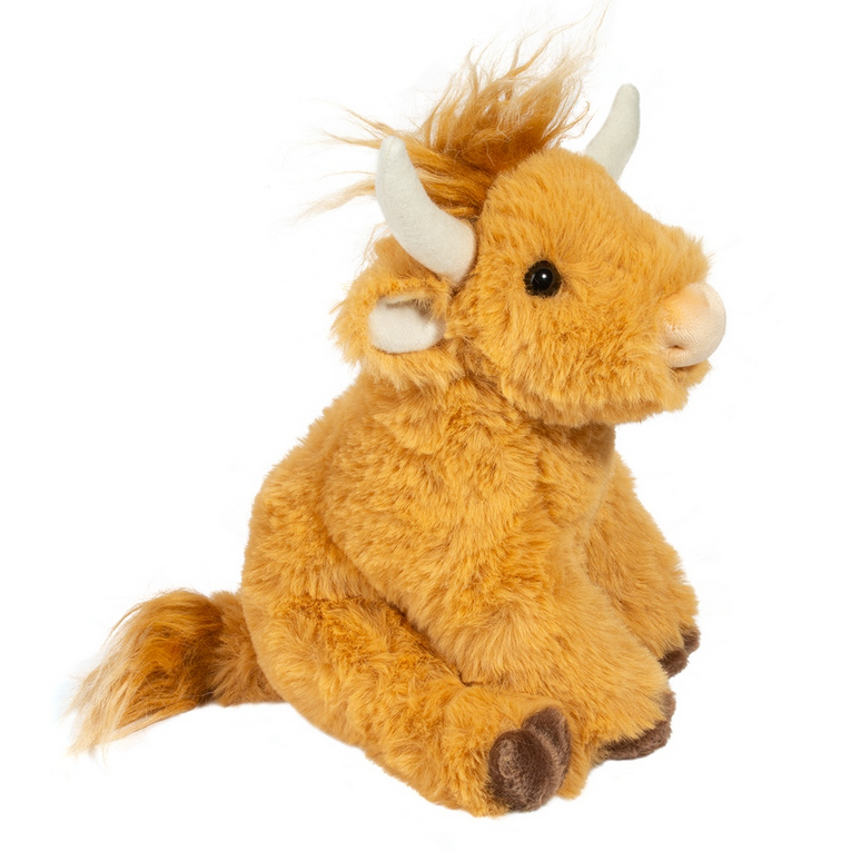 Plush Highland Cow Softie Scottie with soft rusty fur, ivory horns, and tousled tail tuft in a sitting pose.