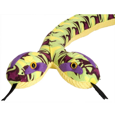 Two-Headed Snake plush toy with soft green, yellow, and purple scales and black forked tongues on each head.