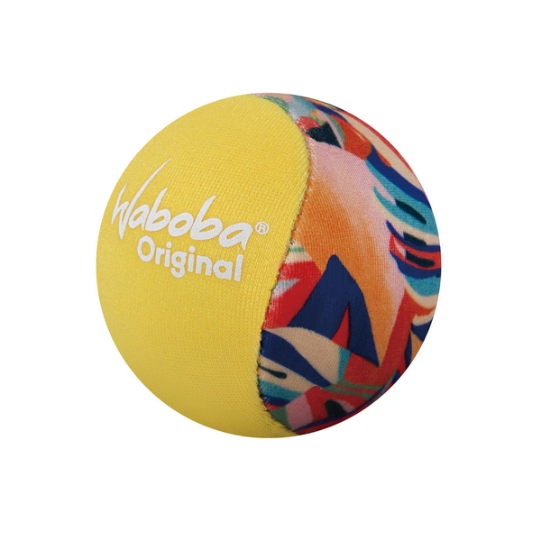 Waboba Original Tropical ball with vibrant yellow and colorful patterns designed to bounce on water, perfect for lakes and oceans.
