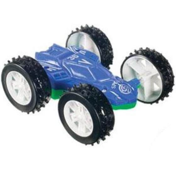 Blue Double-Sided Flip Car toy with large rugged wheels, flips over on impact, fun and durable for kids ages 3 and up.