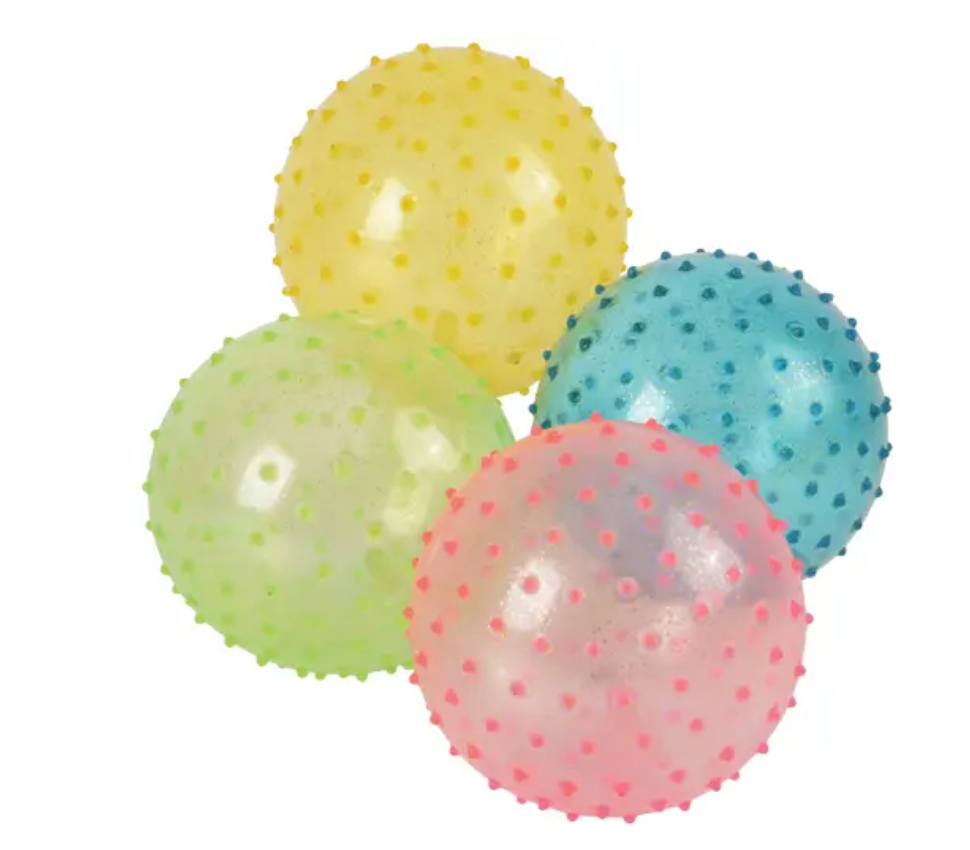 Knobby Ball | Glitter Translucent 5" lightweight PVC balls with kid-friendly knobs in assorted colors for ages 3+
