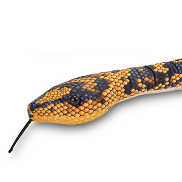 Close-up of the Jungle Carpet Python Snake plush showing detailed yellow and black patterned head with tongue out.