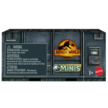 Jurassic World Mini Blind Box packaging featuring a dark container with dinosaur logo and safety warnings for ages 3+
