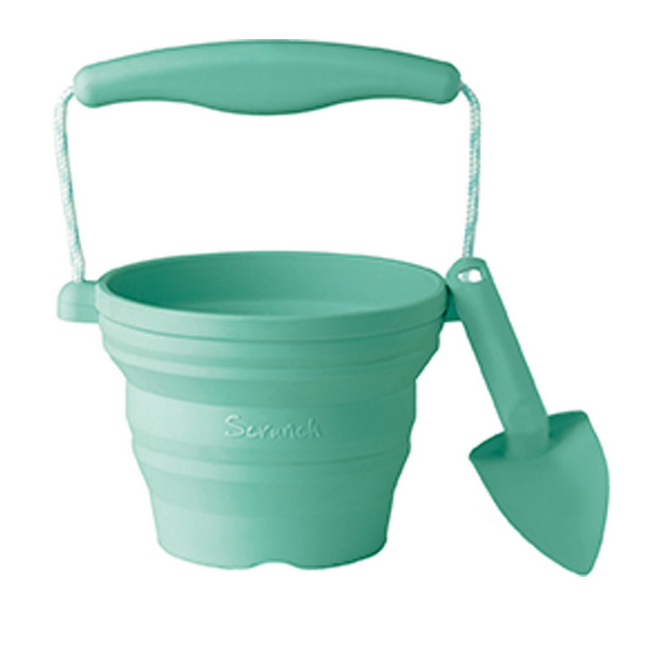 Scrunch Seedling Pot Mint Green with soft silicone, collapsible design, rope handle, and included trowel for gardening and play.