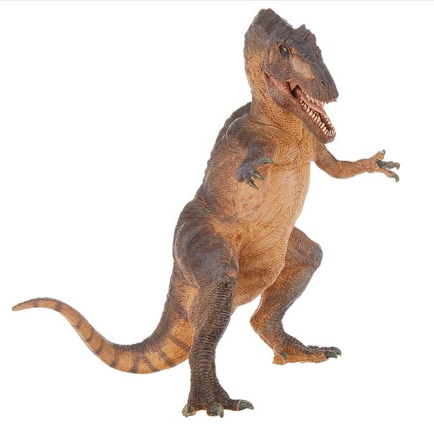 Giganotosaurus dinosaur figure standing in a dynamic pose with detailed textured skin and brown stripes.