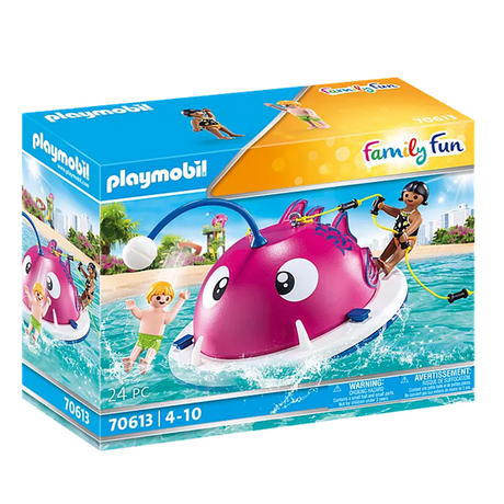 Family Fun | Swimming Island with climbing pink fish and two children playing in the water with ropes and lantern ball.