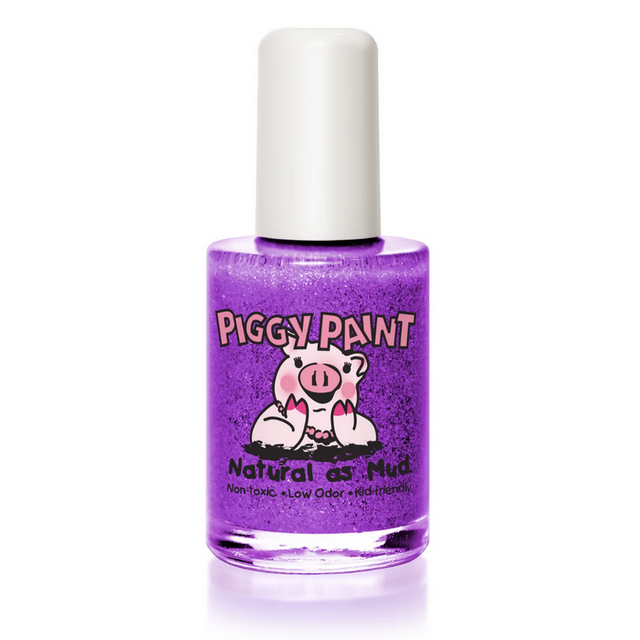 Bottle of Piggy Paint Nail Polish Let's Jam in bright purple glitter, non-toxic and kid-friendly formula.