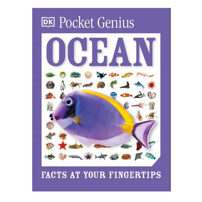 Pocket Genius Ocean book cover featuring colorful fish and various marine creatures with ocean facts at your fingertips.