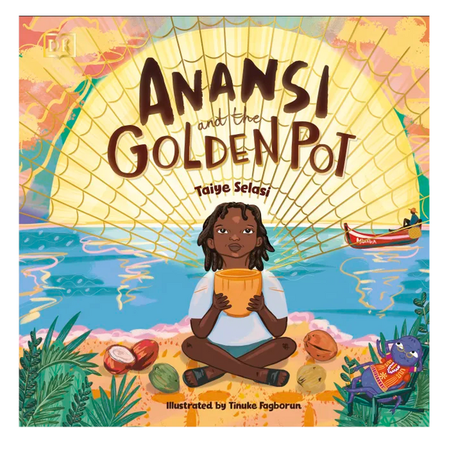Cover of Anansi and the Golden Pot showing a boy holding a glowing pot by the water with colorful illustrations.