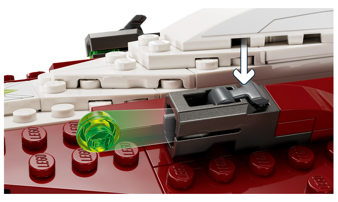 LEGO Star Wars Obi Wan Kenobi's Jedi Starfighter showing stud shooter with translucent green projectile in action.
