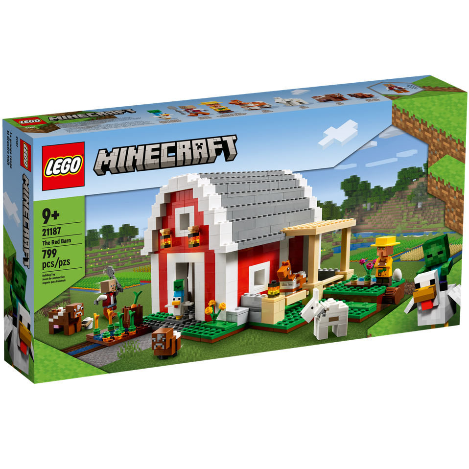 LEGO Minecraft The Red Barn set with barn, animals, vegetables, farm tools, and characters for kids ages 9 and up.