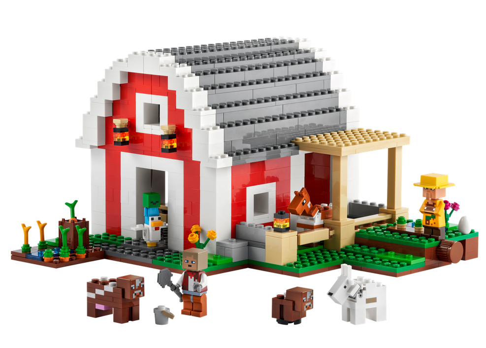 LEGO Minecraft The Red Barn set with red barn, animals, vegetables, and characters for imaginative play.
