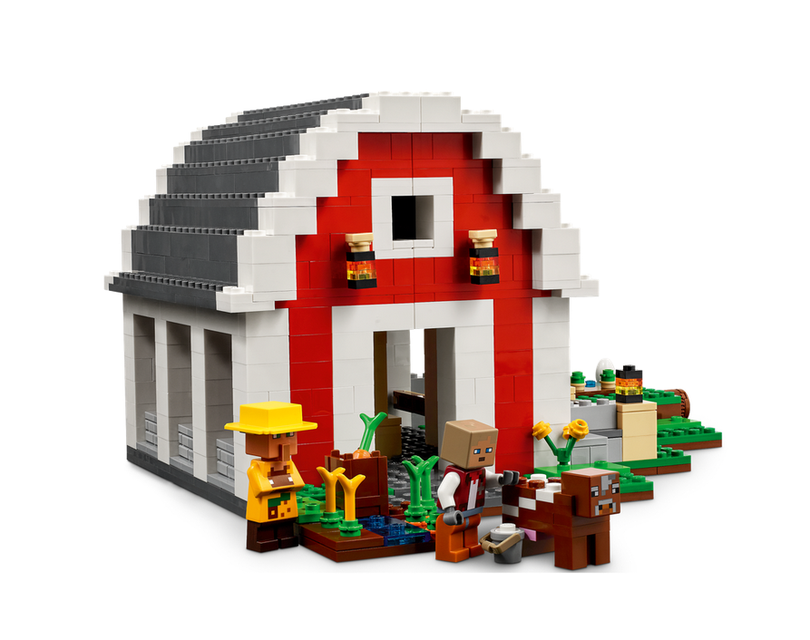 LEGO Minecraft The Red Barn with farmer, animals, vegetables, and open barn playset for kids aged 9 and up.