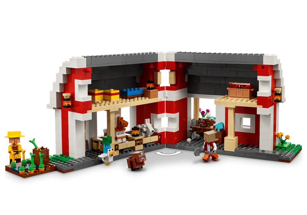 LEGO Minecraft The Red Barn set with animals, vegetables, and an open barn interior for imaginative play.