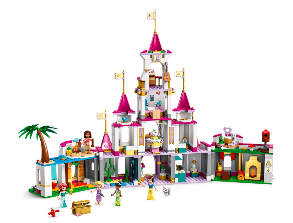 LEGO Disney Ultimate Adventure Castle with five mini-doll figures, animal figures, and detailed play castle build.