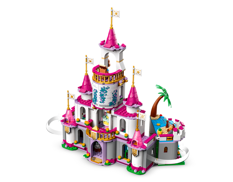 Disney Ultimate Adventure Castle LEGO set with pink towers, flags, and detailed buildable castle design for imaginative play.