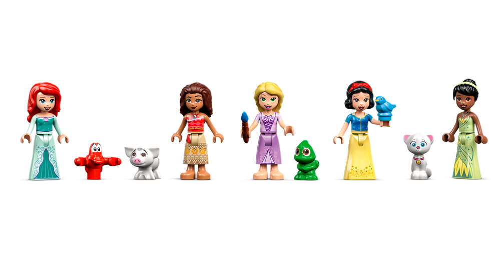 LEGO Disney Ultimate Adventure Castle mini-dolls Ariel, Moana, Rapunzel, Snow White, Tiana with animal figures displayed.