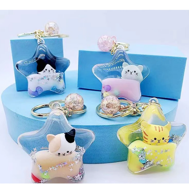 Kitty Star Keychain featuring cute cat designs inside star-shaped charms with keyring and clip attachments.