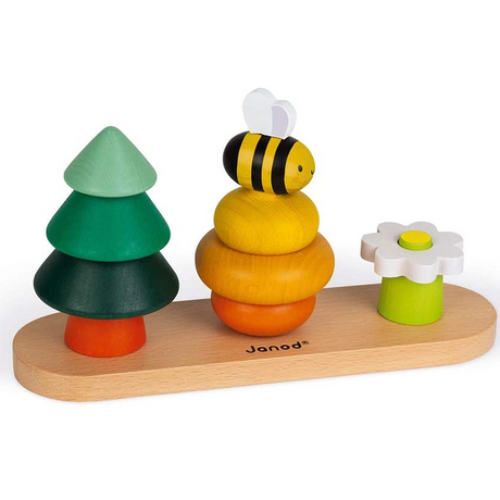 WWF Forest Stacker wooden toy with colorful tree, bee hive, bee, and flower blocks on a natural wood base.
