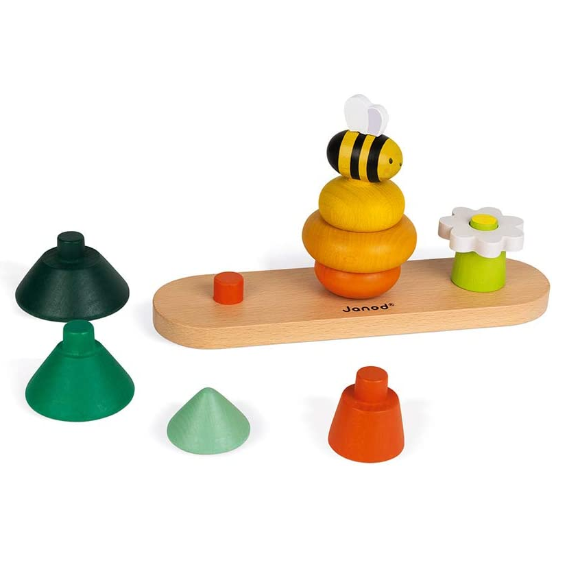 WWF Forest Stacker wooden toy with colorful blocks building a tree, bee hive, bee, and flower on natural wood base.