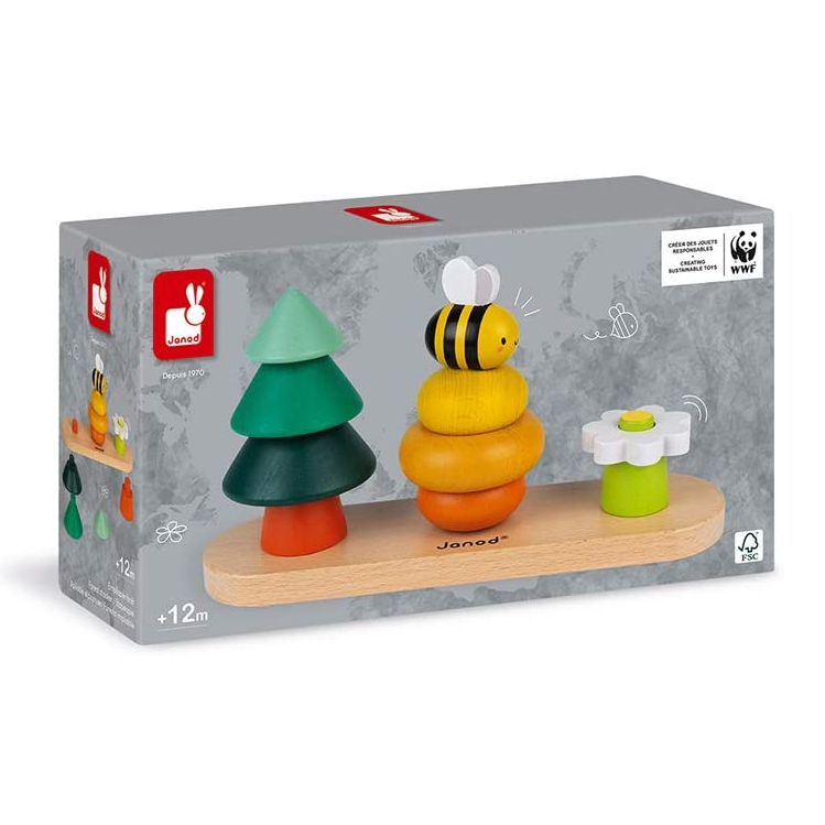 WWF Forest Stacker wooden block set with tree, honeybee hive, bee, and flower on natural wood base for toddlers.