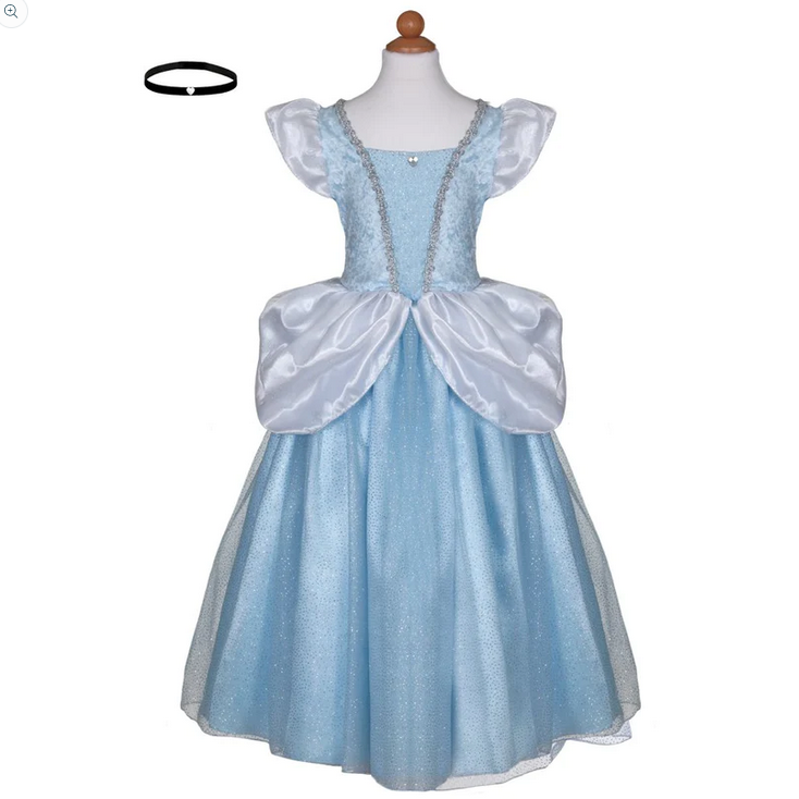Deluxe Cinderella Gown Size 5-6 with puff sleeves, hoop skirt, and shimmering blue layers for a magical look.