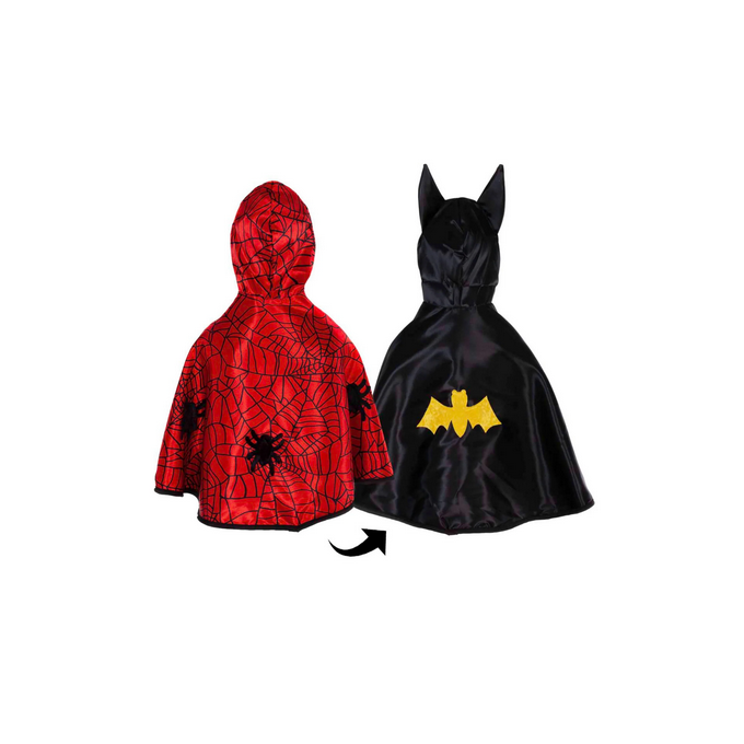 Baby Spider Bat Reversible Cape Size 2-3 in black satin with yellow bat and red spider web with black spider details.