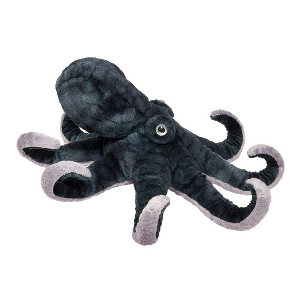 Octopus Winky plush toy with dark blue body and curled tentacles, lifelike ice blue eyes, perfect for kids ages 2+.