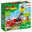 LEGO DUPLO Fire Truck toy with flashing lights, movable ladder, firefighter figure, and a cat rescue scene for kids 2+.