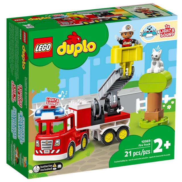 LEGO DUPLO Fire Truck toy with flashing lights, movable ladder, firefighter figure, and a cat rescue scene for kids 2+.