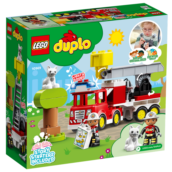 LEGO DUPLO Fire Truck with firefighter, cat, tree, and ladder for imaginative rescue play, ages 2 and up.