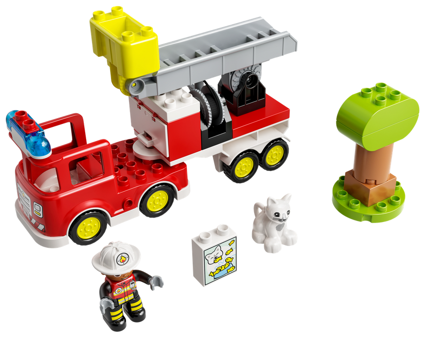 LEGO® DUPLO® Duplo Fire Truck with ladder, firefighter figure, cat, tree, and rescue accessories for kids 2+.