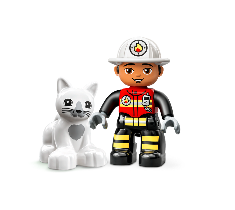 LEGO DUPLO Fire Truck firefighter figure with white cat toy from the Duplo Fire Truck playset for kids aged 2+