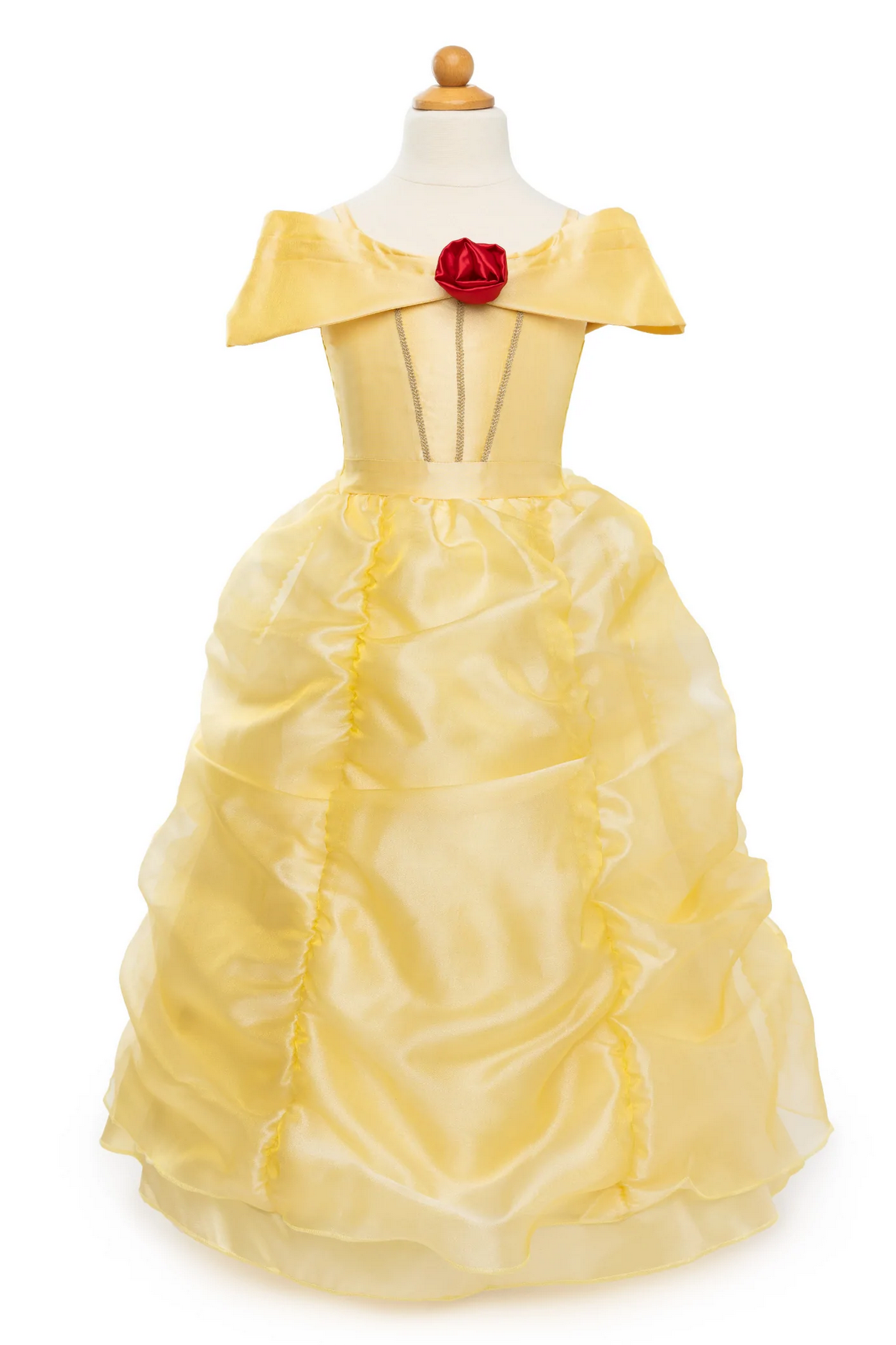 Belle Boutique Gown Size 5-6 features a pale yellow off-shoulder princess dress with a red rose detail.