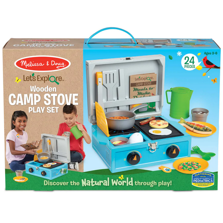 Melissa & Doug Let’s Explore Camp Stove Play Set with wooden stove, utensils, play food, and accessories for kids ages 3-6.