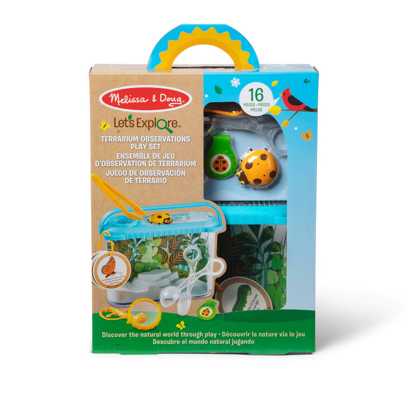 Terrarium Observation Play Set with plastic terrarium, magnifying cap, tweezers, scooper, and insect toys for kids.