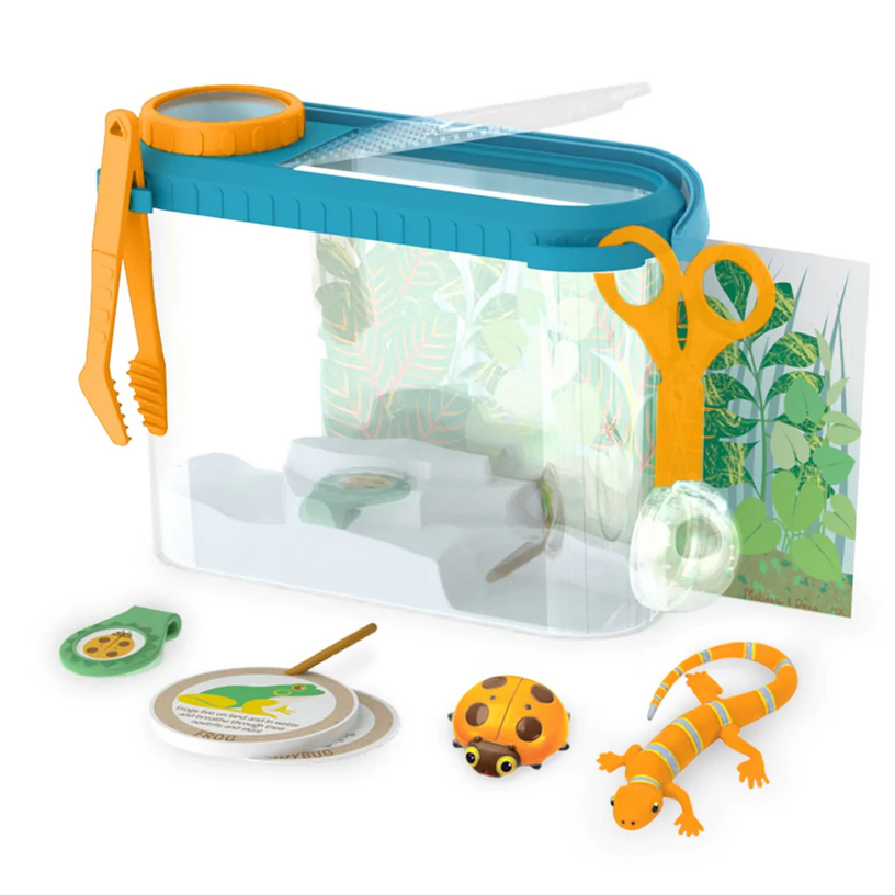 Terrarium Observation Play Set with plastic terrarium, magnifying lid, tweezers, scissors, critters, and ID cards for kids.