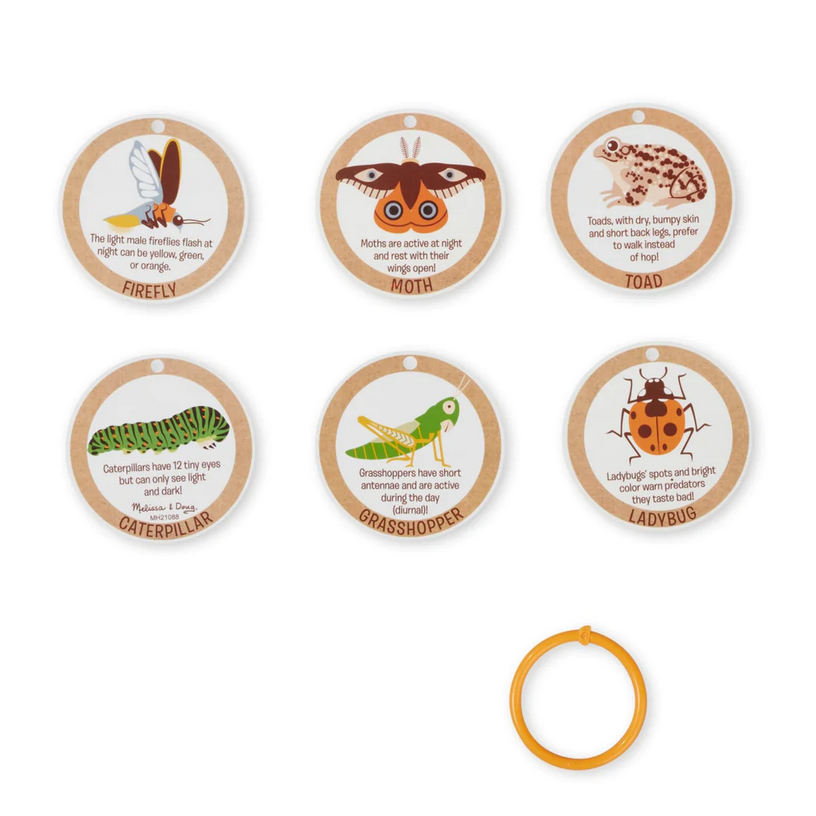 Terrarium Observation Play Set double-sided ID cards featuring firefly, moth, toad, caterpillar, grasshopper, and ladybug facts.
