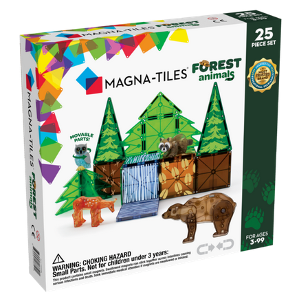 Magnatiles Forest 25pc set with magnetic tiles featuring forest animals, trees, and stream for creative play ages 3 and up.