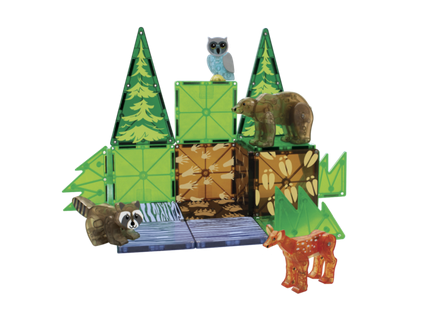 Magnatiles Forest 25pc set with magnetic tiles and forest animals including raccoon, owl, bear, and deer.