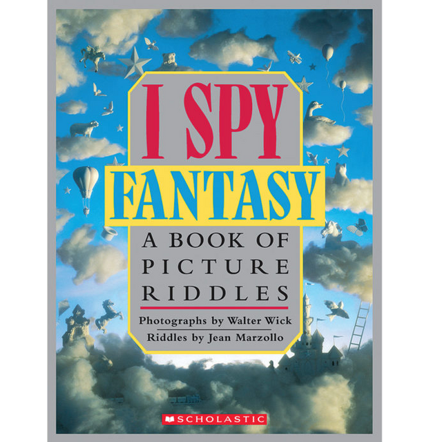 I SPY Fantasy Picture Riddles book cover with whimsical clouds, stars, balloons, and fantasy elements in the sky.